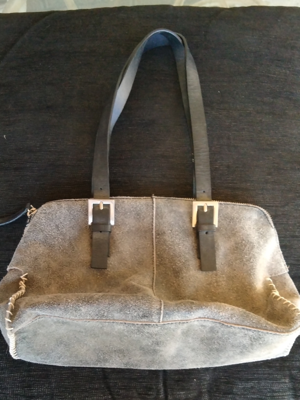 Apostrophe Gray Suede Shoulder Bag with Black Straps